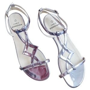 CHRIS DONOVAN Silver Metallic Leather Geometric Flat Sandals Size 39 EUR, 8.5 US